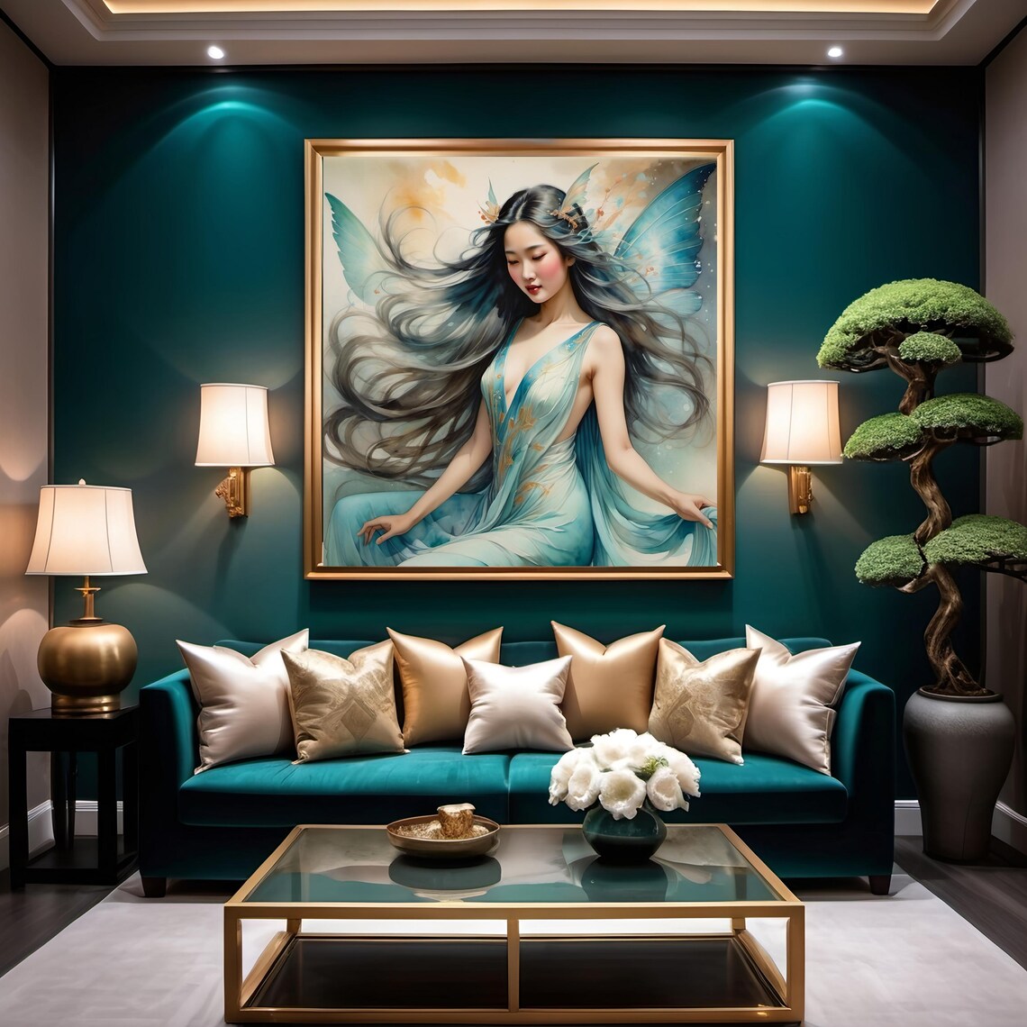 Teal Butterfly Fairy Flowing Hair Ethereal Watercolor Fantasy Poster - Image 3
