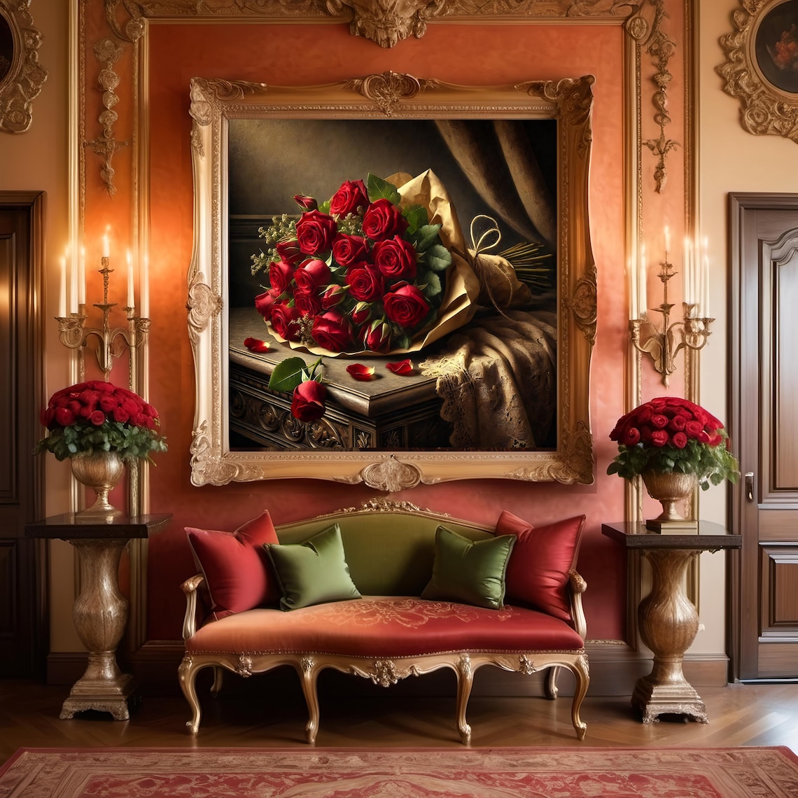 Romantic Red Rose Bouquet in Kraft Paper Vintage Floral Wall Art - Image 3