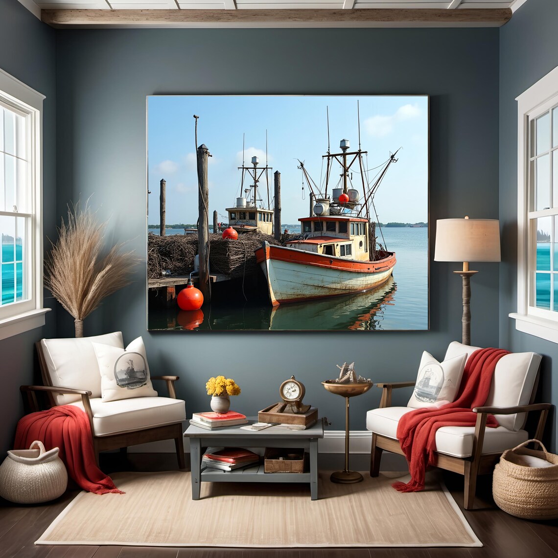 Vintage Lobster Boats by Dock, Rustic Nautical Art Print - Image 2