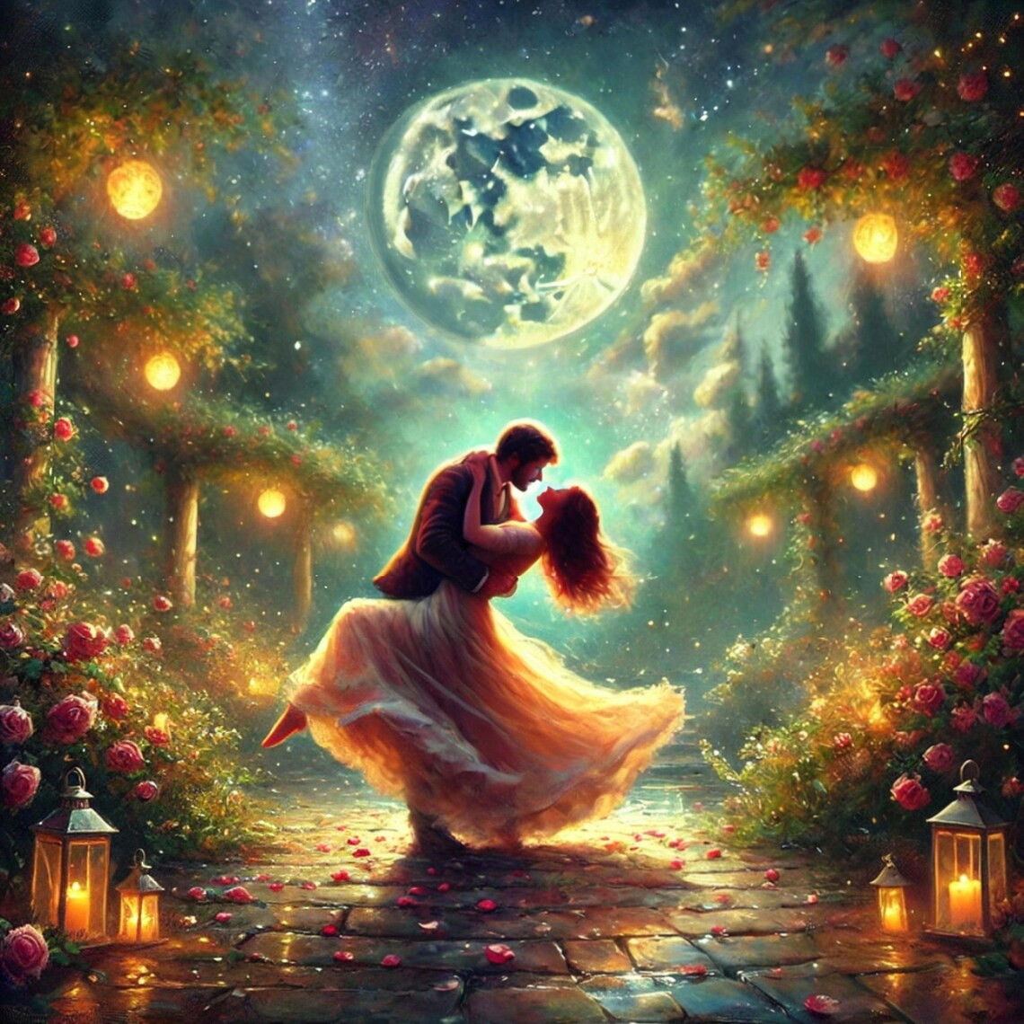 Romantic Moonlit Dance, Couple Under Full Moon