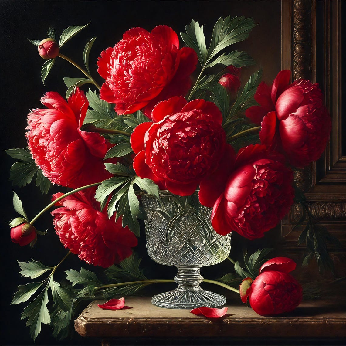 Vibrant Red Peonies in Crystal Vase Dark Floral Still Life Poster