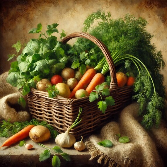 Rustic Vegetable Basket Wall Art Vintage Farmhouse Print Country Kitchen Dcor Farm To Table Still Life Artwork Gift For Her