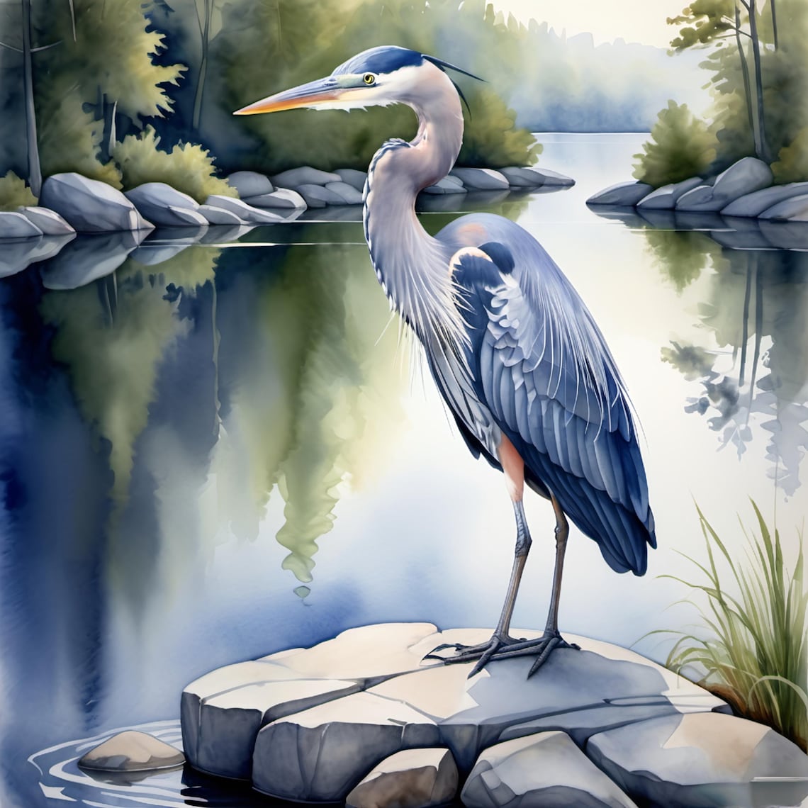 Blue Heron Standing Rock Mirror Lake Calm Watercolor Bird Poster