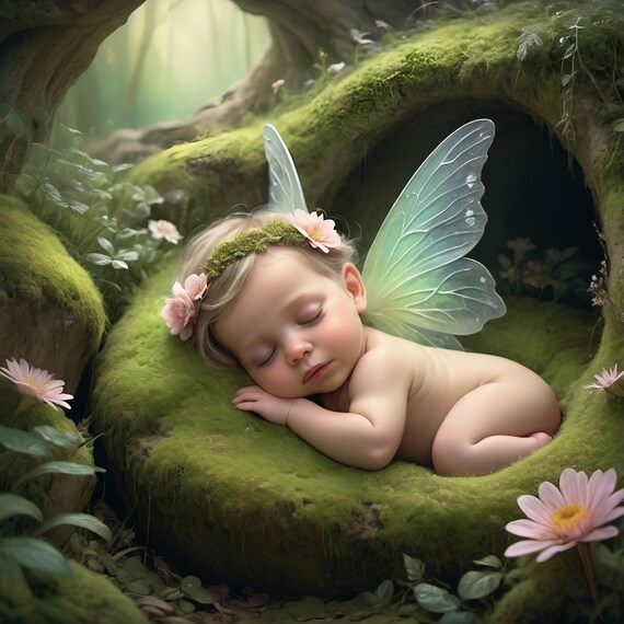 Sleeping Baby Fairy Art Print Whimsical Nursery Decor Mossy Forest Fantasy Artwork Ethereal Home Wall Art