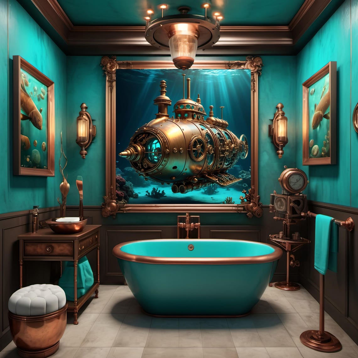 Golden Brass Steampunk Submarine in Deep Teal Ocean Art Print - Image 2