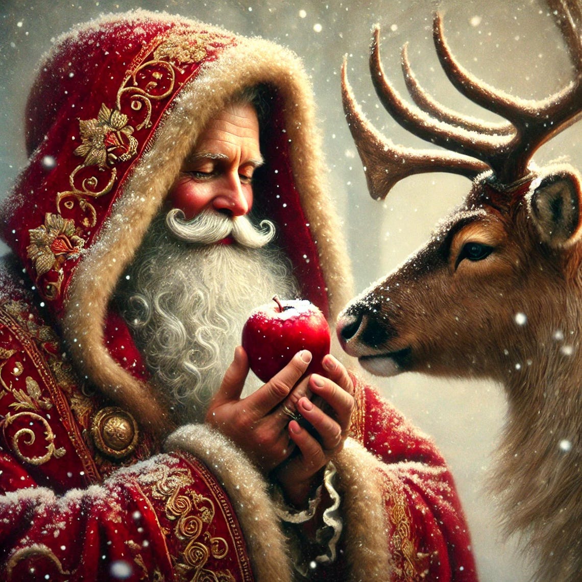 Santa Claus Feeding Reindeer Apple Snowy Painterly Christmas Poster