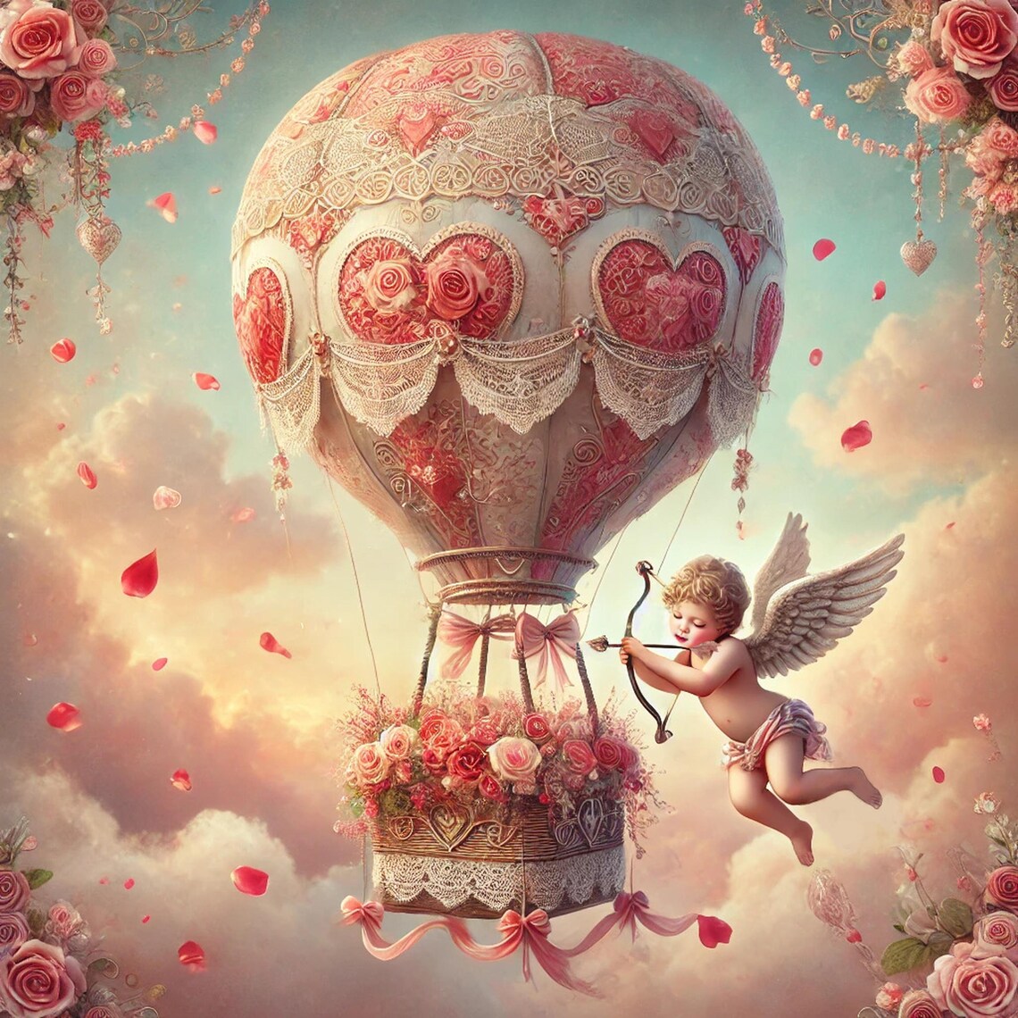 Cupid with Rose Covered Heart Hot Air Balloon Valentine Wall Art