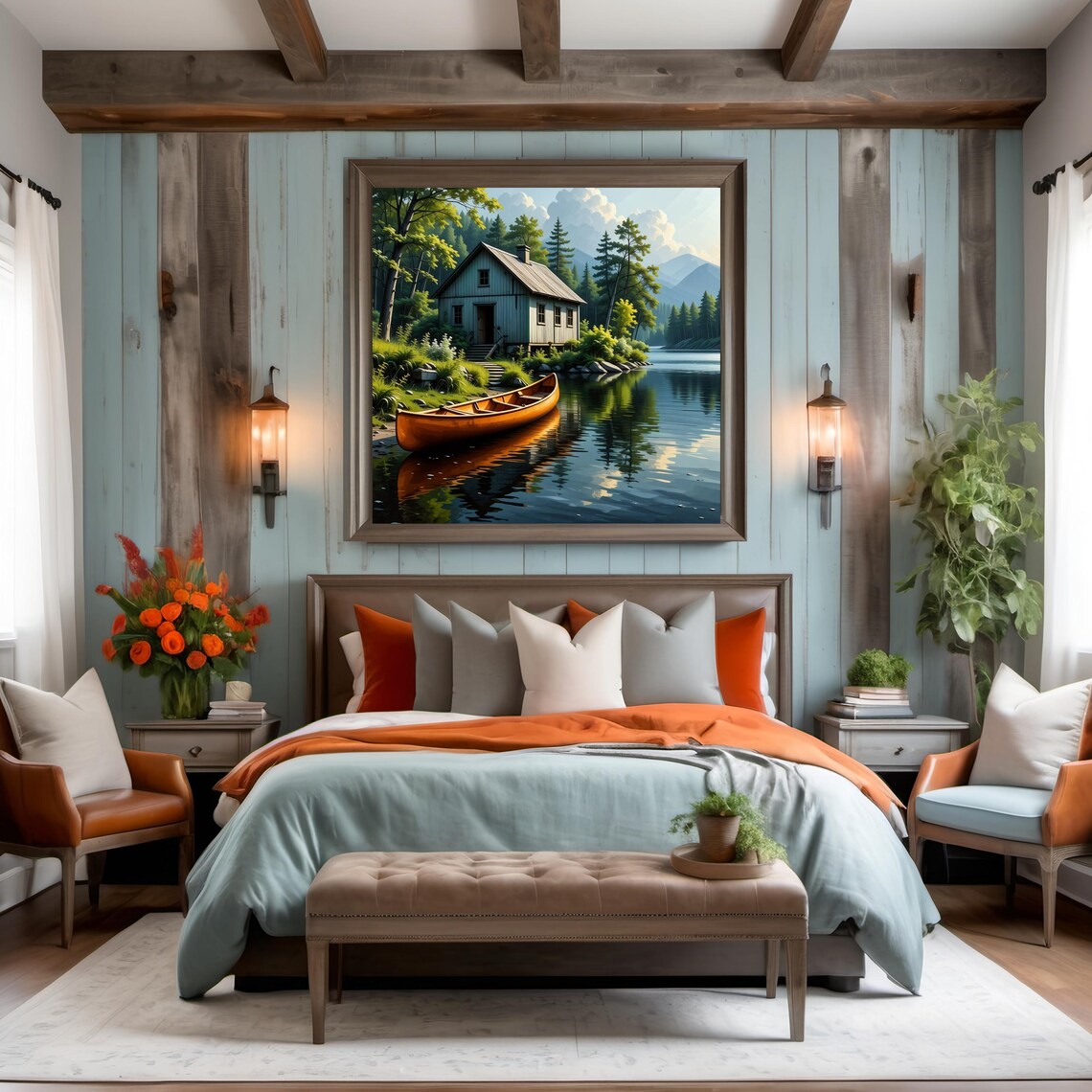 Rustic Lakeside Cabin Golden Canoe Serene Mountain Lake Art Print - Image 3