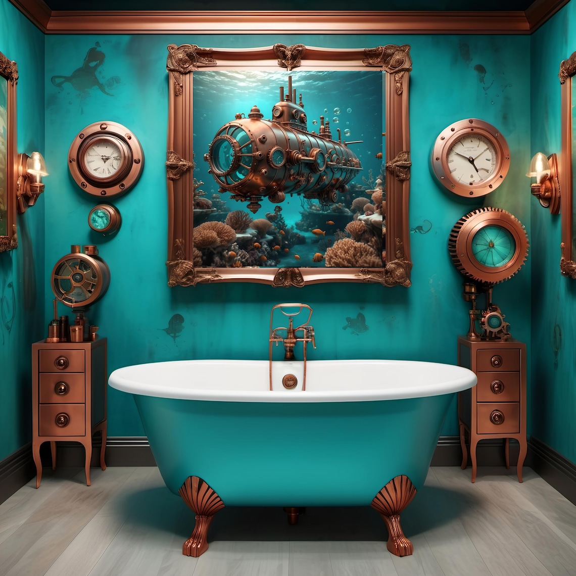 Underwater Steampunk Submarine Art Print, Nautical Fantasy - Image 2