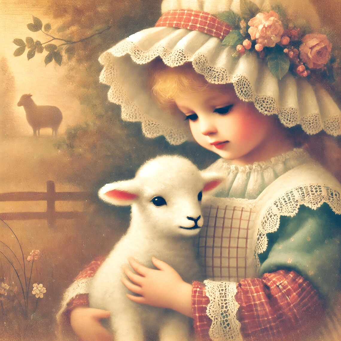 Mary Had A Little Lamb Girl With White Lamb Vintage Nursery Print