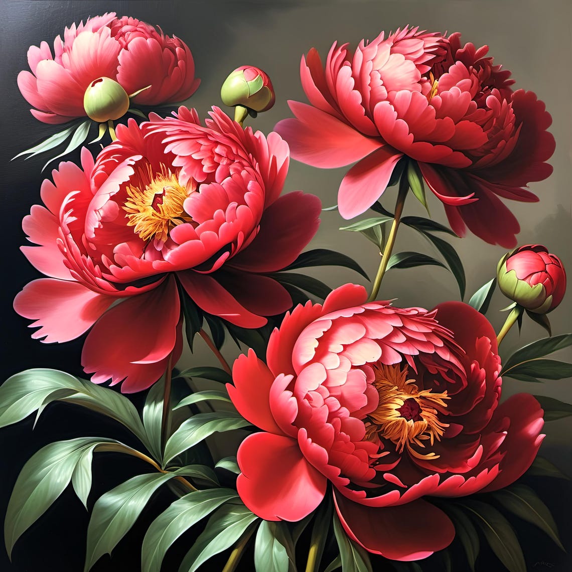Coral Red Peonies Full Bloom Buds Green Leaves Botanical Poster