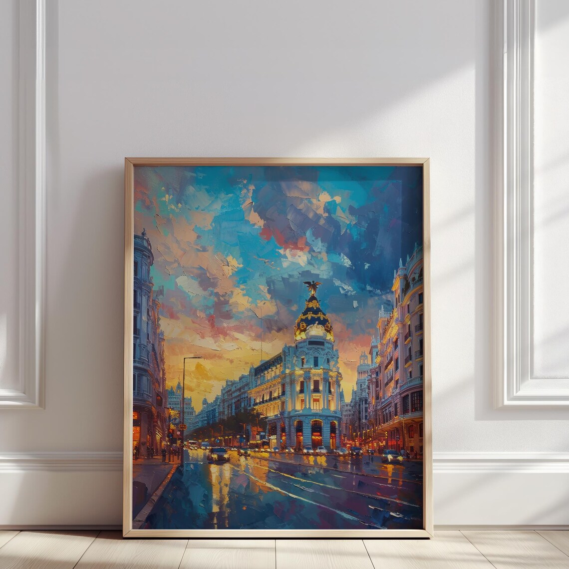 Madrid City Street Oil Painting Gran Via Cityscape At Sunset Print Spain Travel Wall Art Poster For Modern Decor