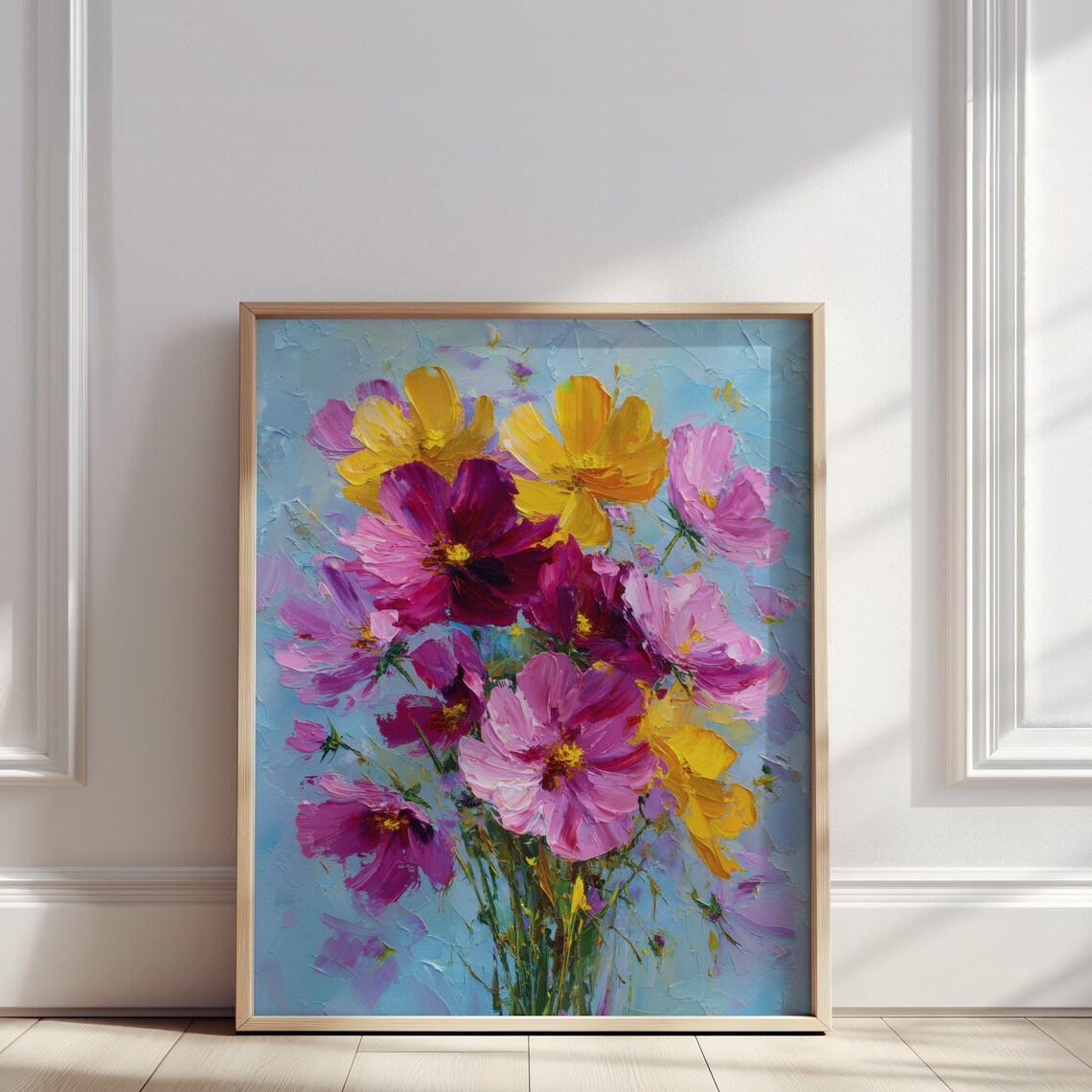 Pink and Yellow Cosmos Flowers Impasto Bouquet Oil Painting Poster