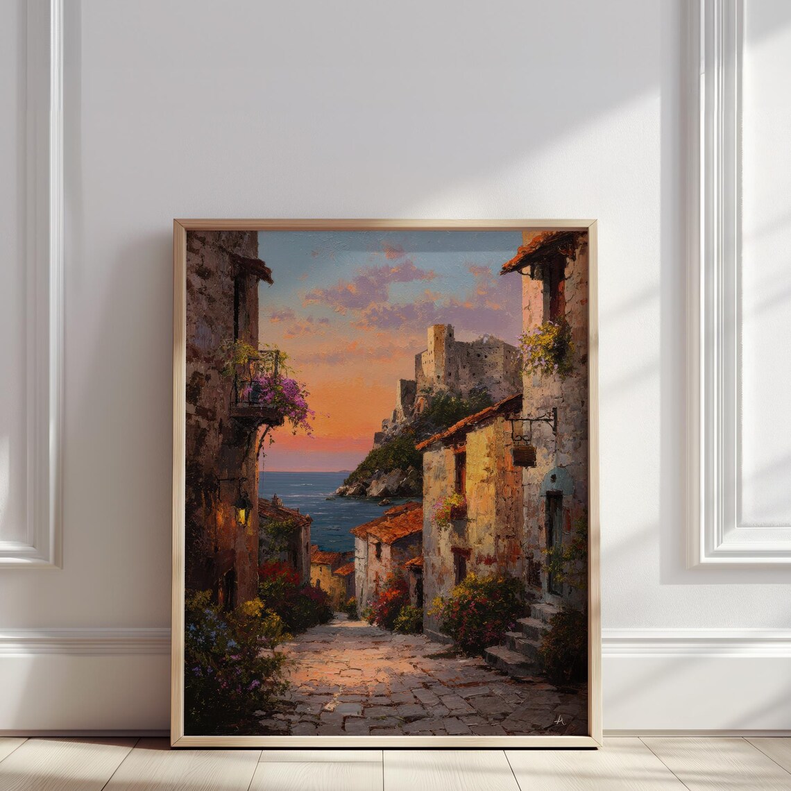 Coastal Village Sunset Street Sea View Golden Hour Art Poster