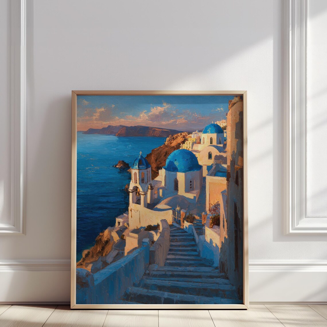 Santorini Sunset Blue Domes Aegean Sea Greece Oil Painting Poster
