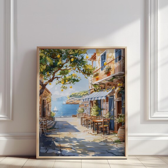 Mediterranean Seaside Street Lemon Tree Cafe Watercolor Poster