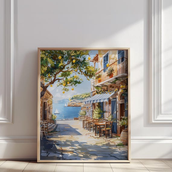 Mediterranean Street Watercolor Painting Lemon Tree By The Sea Wall Art Poster Italy Amalfi Seaside Village Print