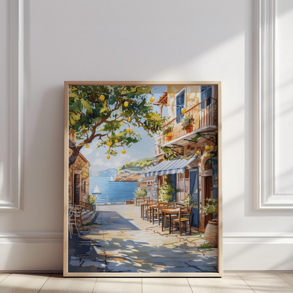 Mediterranean Seaside Street Lemon Tree Cafe Watercolor Poster