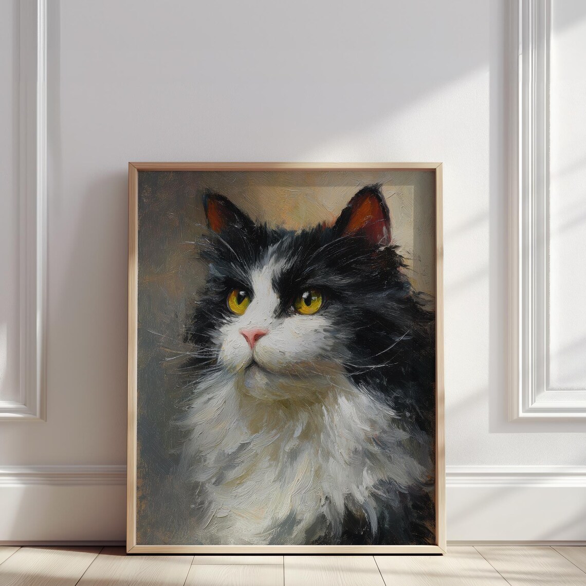 Black And White Cat Oil Painting Golden Eyes Pet Portrait Poster