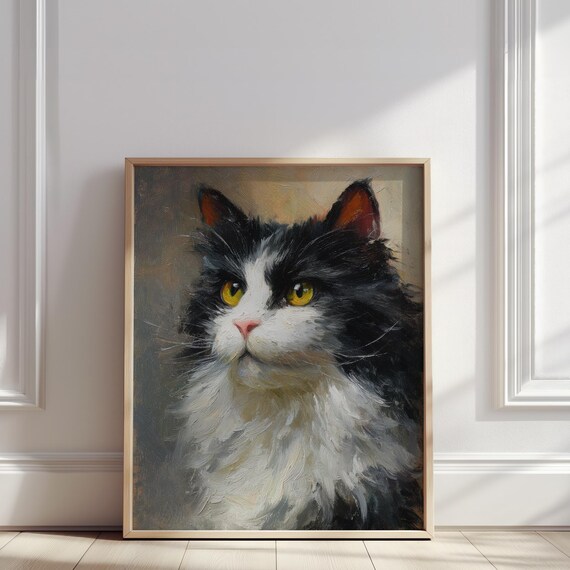 Black And White Cat Oil Painting Golden Eyes Pet Portrait Poster