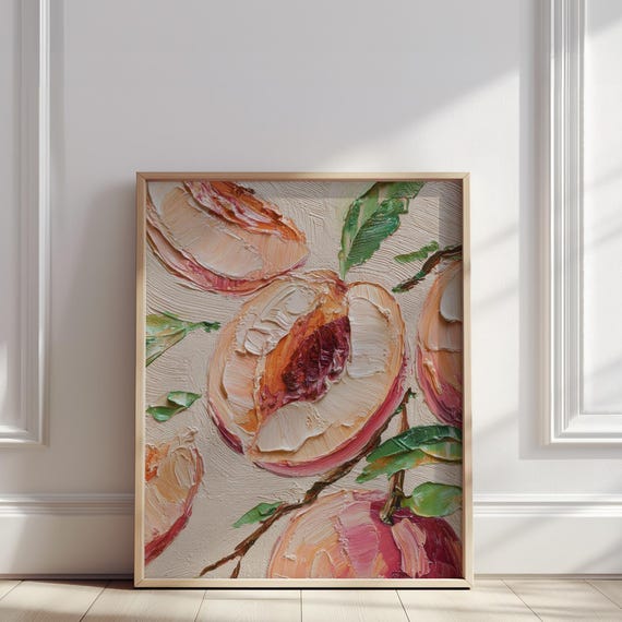 Peach Still Life Oil Painting Soft Pastel Fruit And Leaves Print Rustic Kitchen Wall Art Poster For Home Decor