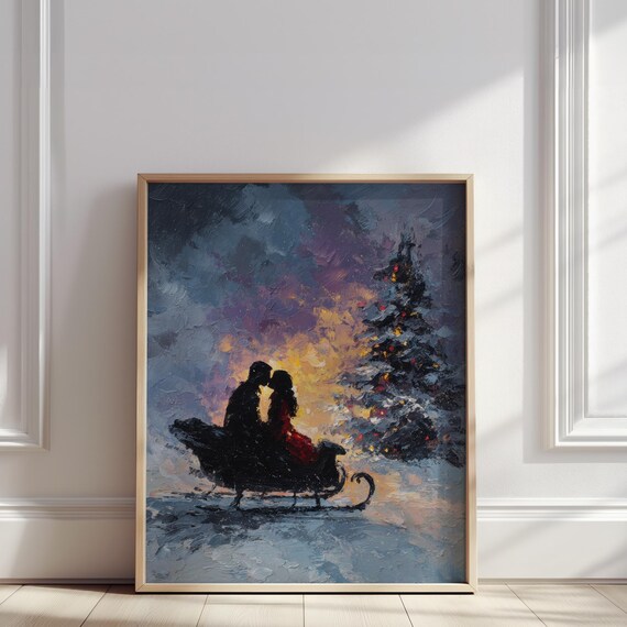Romantic Couple in Sleigh at Snowy Sunset Winter Night Oil Painting Poster