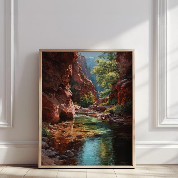 Red Canyon Stream Oil Painting Warm Rock Walls And Green Reflections In Water Print Nature Landscape Wall Art Poster