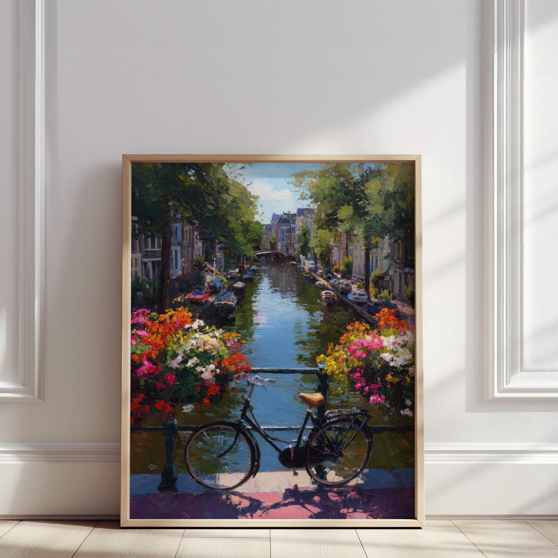 Amsterdam Canal Bridge Oil Painting European City View With Colorful Flowers Print Dutch Cityscape Wall Art Poster