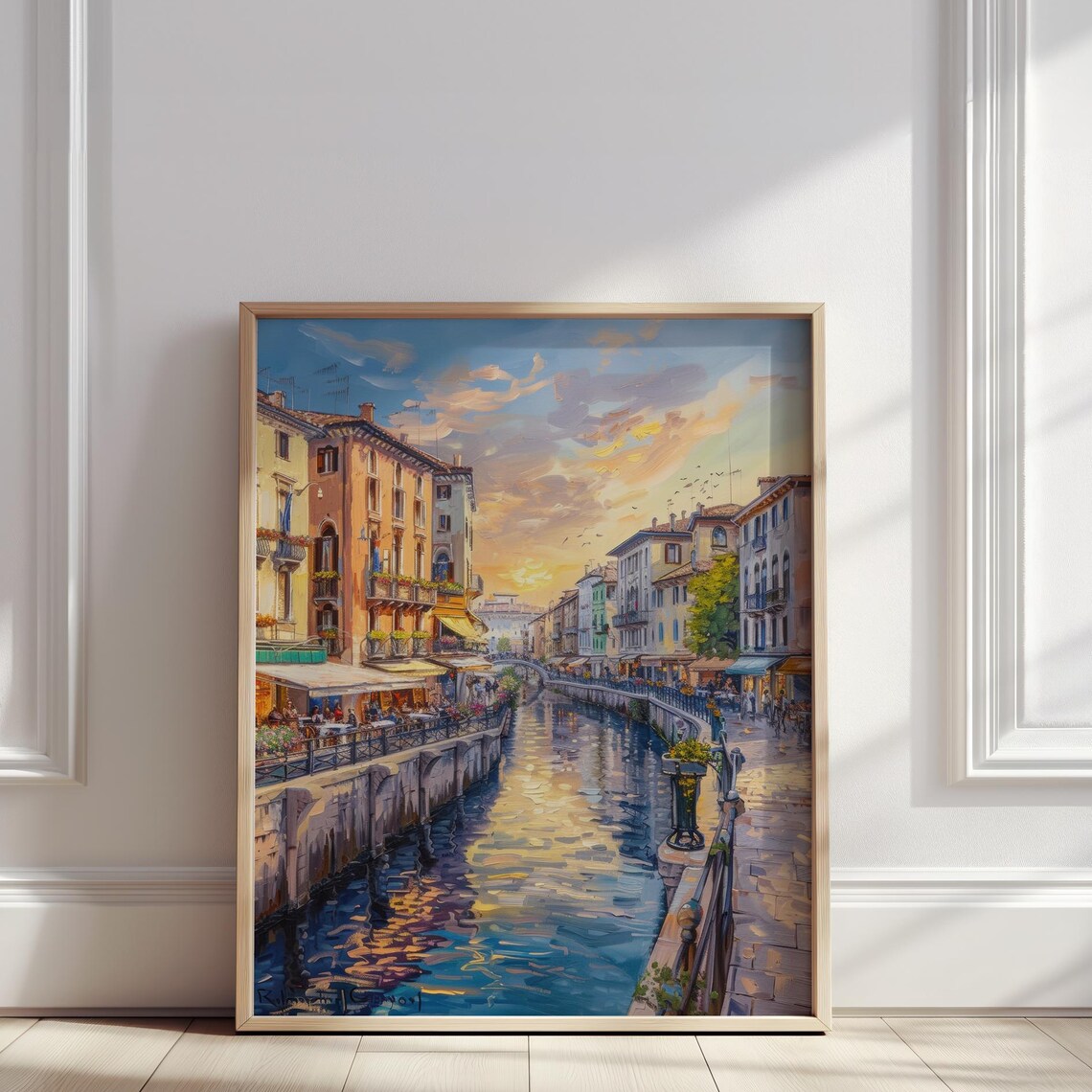 Milan Navigli Canal Oil Painting Colorful Buildings Along Poster Italian City Wall Art For Modern Home