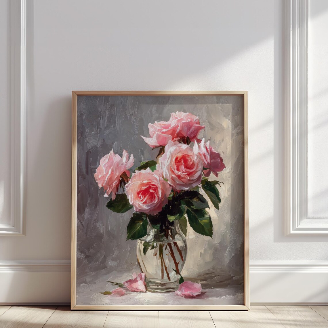 Pink Roses In Glass Vase Romantic Floral Impasto Oil Painting Poster