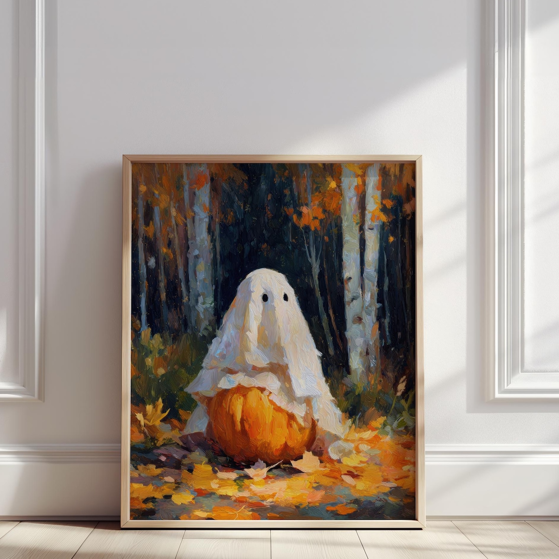 Cute Ghost With Pumpkin In Autumn Birch Forest Oil Painting Poster