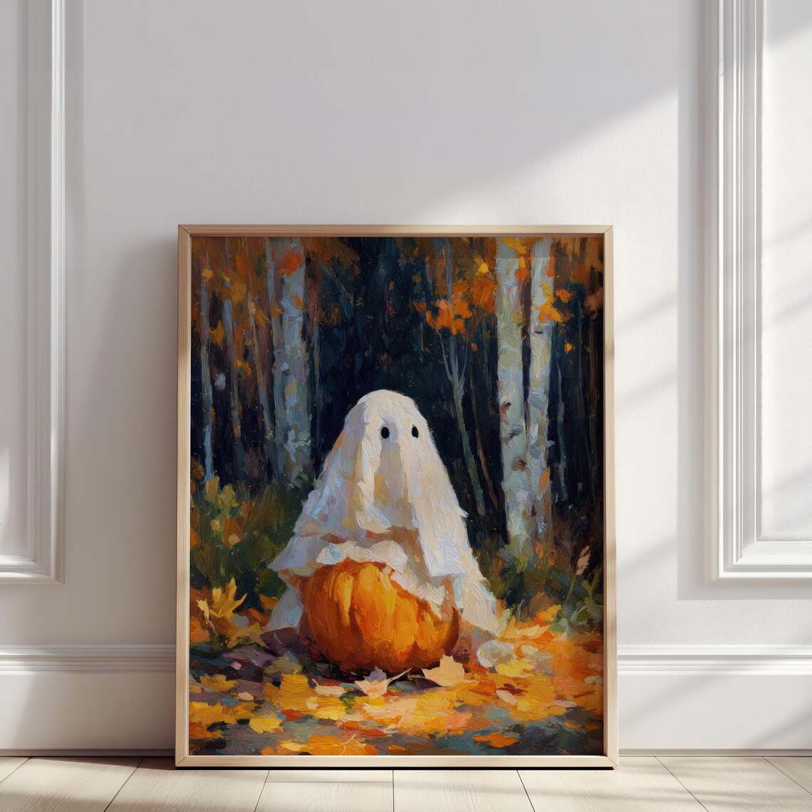 Cute With Pumpkin Oil Painting Autumn Forest Halloween Artwork Print Warm Fall Wall Art Poster For