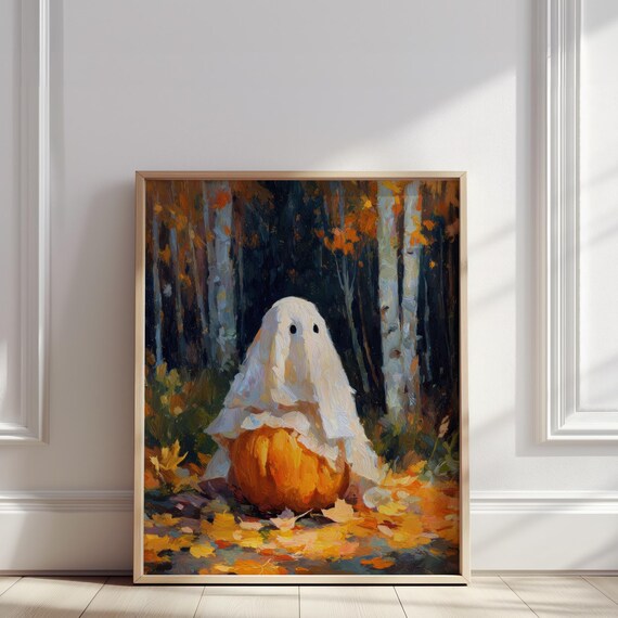 Cute With Pumpkin Oil Painting Autumn Forest Halloween Artwork Print Warm Fall Wall Art Poster For