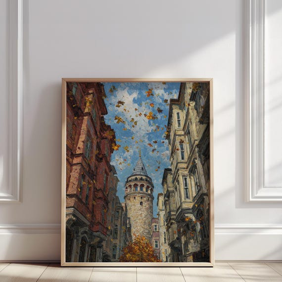 Galata Tower Istanbul Oil Painting Autumn Leaves Over Historic Street View Print Turkish Cityscape Wall Art Poster