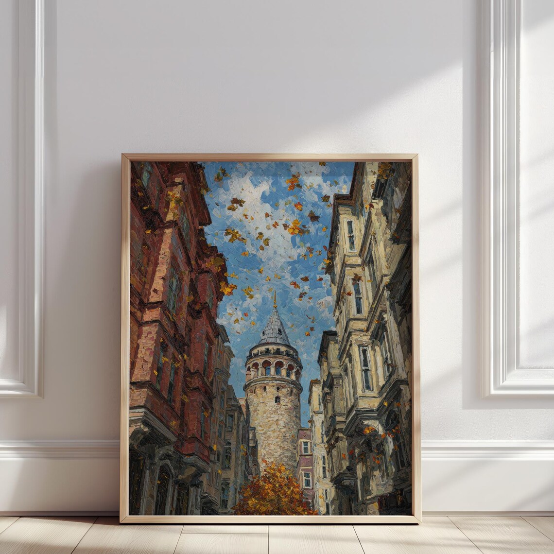 Istanbul Galata Tower Autumn Leaves Historic Street Painting Poster