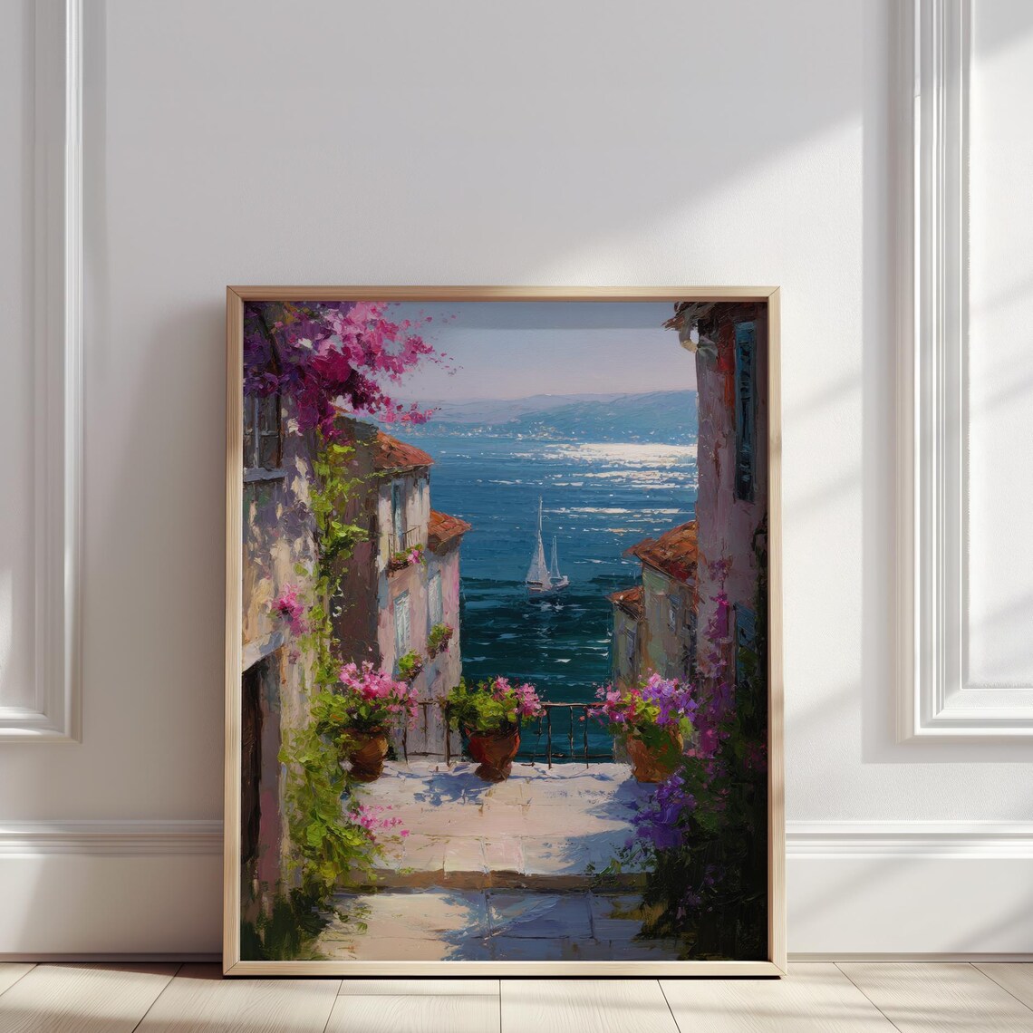 Mediterranean Village Alley Bougainvillea Overlooking the Sea Poster