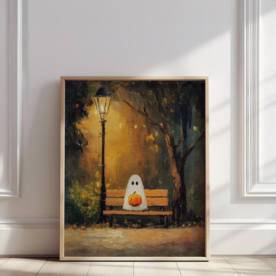 Lonely On Bench Oil Painting Pumpkin Street Halloween Art Print Cozy Autumn Wall Poster For