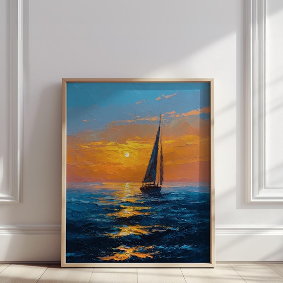Sailboat Sunset Golden Sea Impasto Oil Painting Nautical Poster