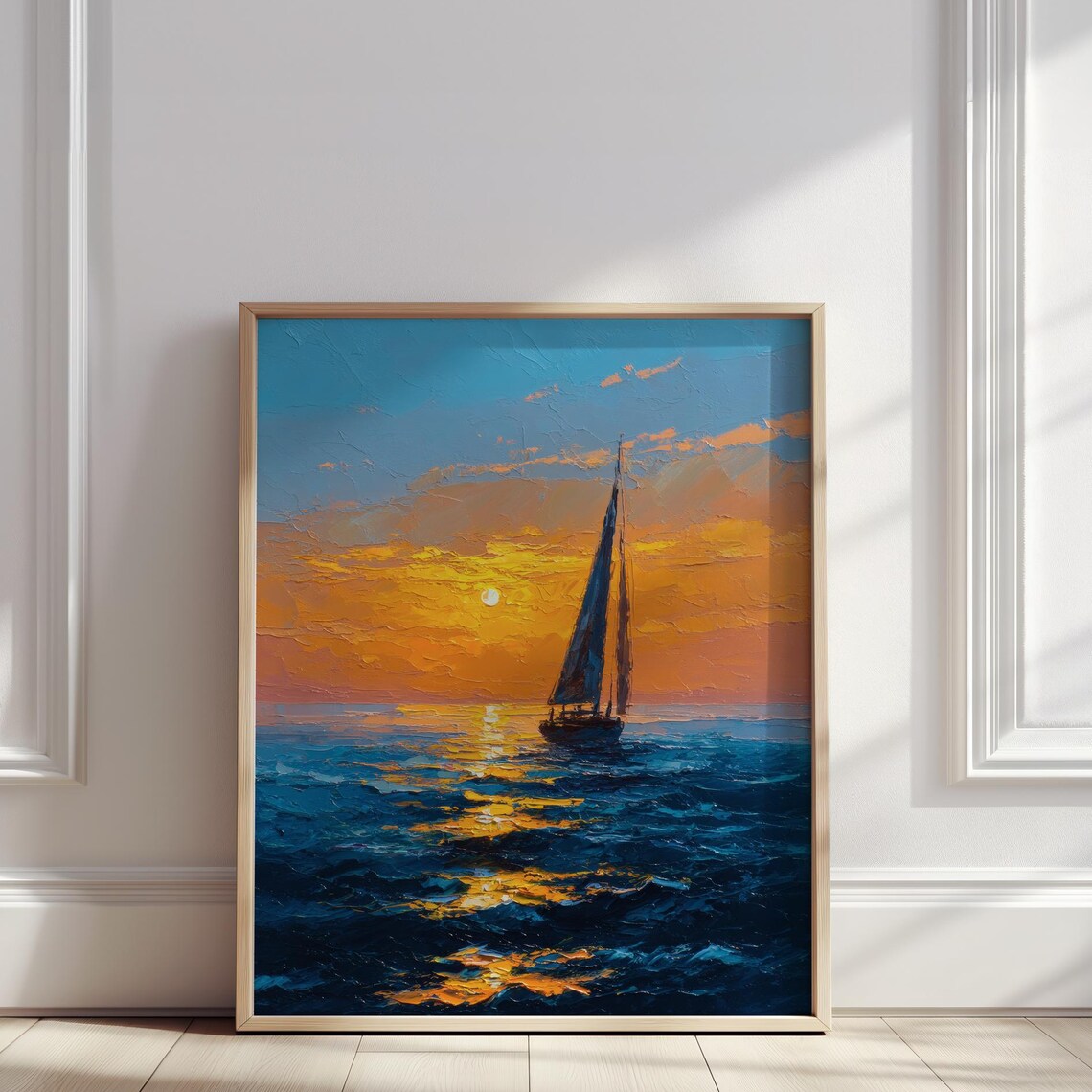 Sailboat Sunset Golden Sea Impasto Oil Painting Nautical Poster