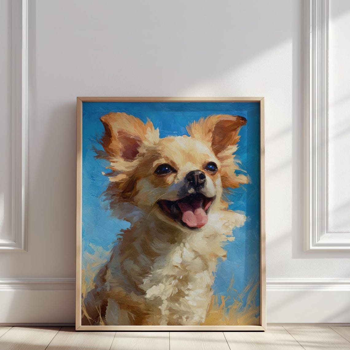 Chihuahua Puppy Oil Painting Animal Portrait Print For Pet Lovers Dog Smile And Blue Sky Wall Art Poster