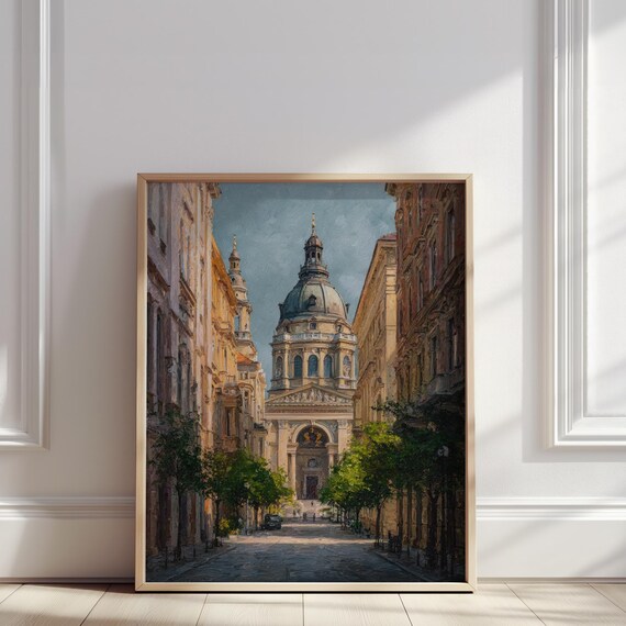 St Stephens Basilica Oil Painting Budapest Historic Street Architecture Print European Cityscape Wall Art Poster