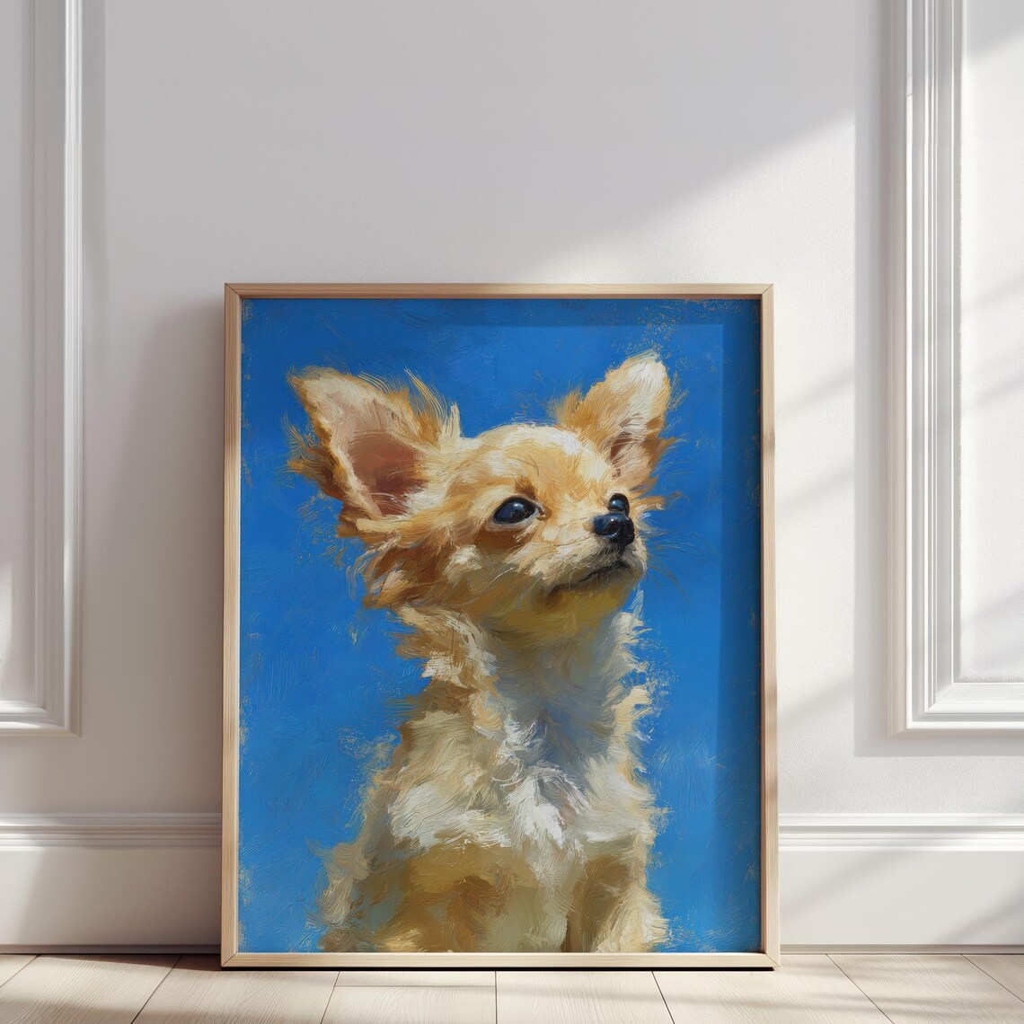 Cute Tan Chihuahua Portrait Blue Background Adorable Puppy Art Poster