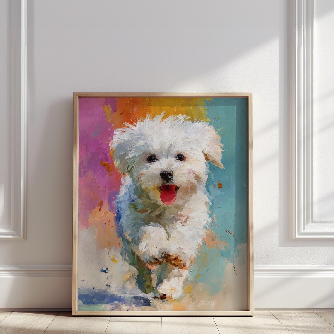 Happy Maltese Puppy Colorful Portrait Oil Painting Dog Poster