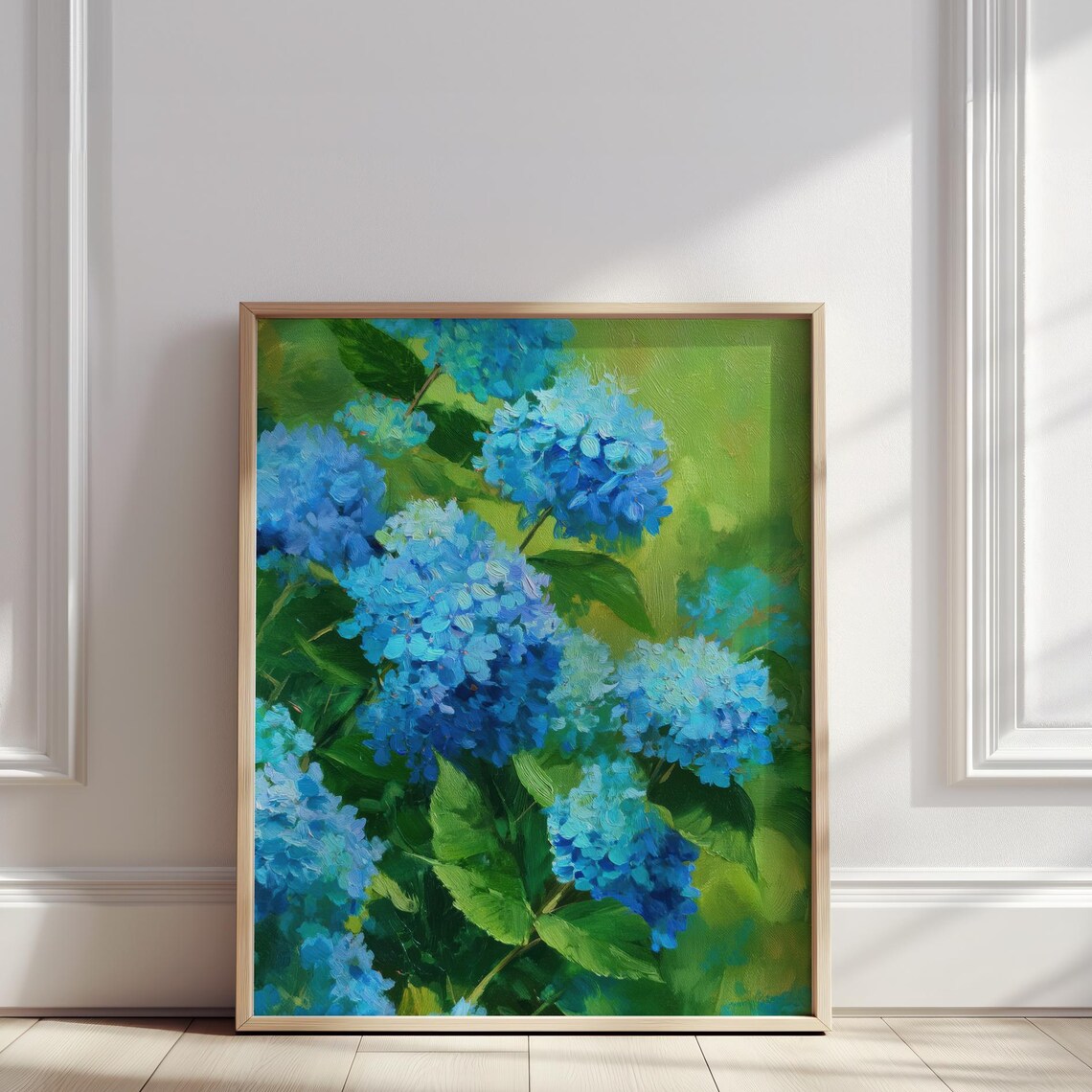 Blue Hydrangea Oil Painting Textured Floral Green Background Art Poster