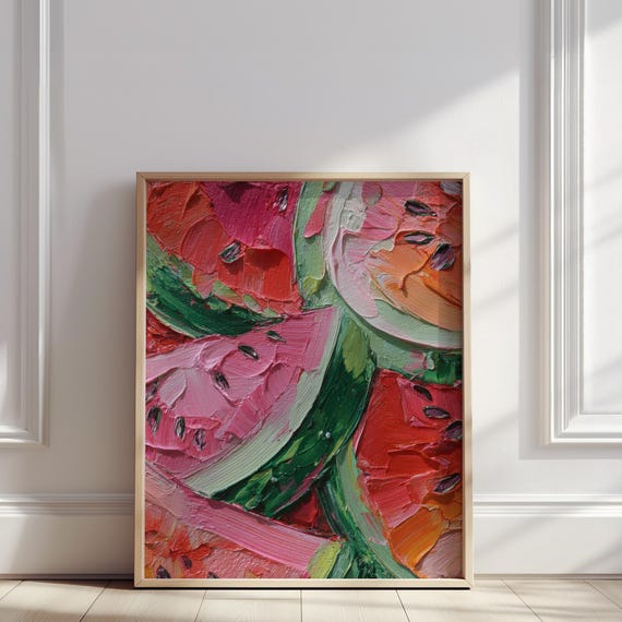 Watermelon Slice Oil Painting Red And Green Textured Art Print Summer Fruit Kitchen Wall Poster For Home