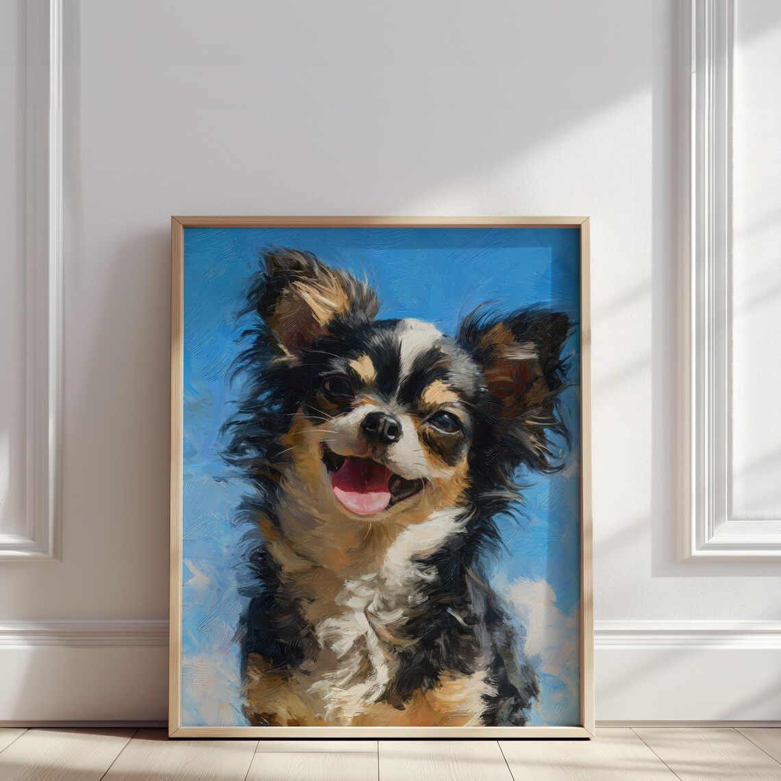 Happy Black Chihuahua Portrait Blue Sky Cute Puppy Oil Painting Poster