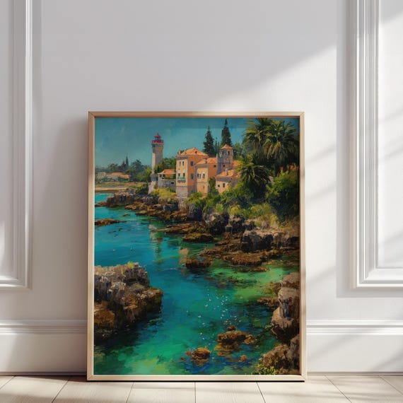 Cascais Lighthouse Oil Painting Portuguese Coastal Village And Blue Sea Print Europe Travel Seaside Wall Art Poster