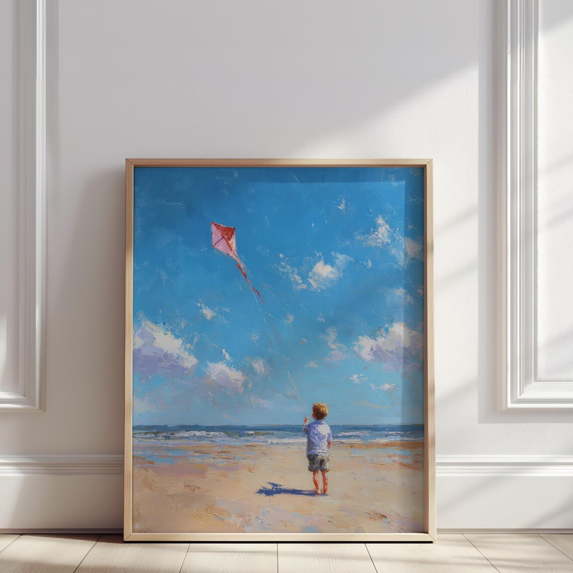 Child Flying Kite on Beach Peaceful Coastal Oil Painting Poster