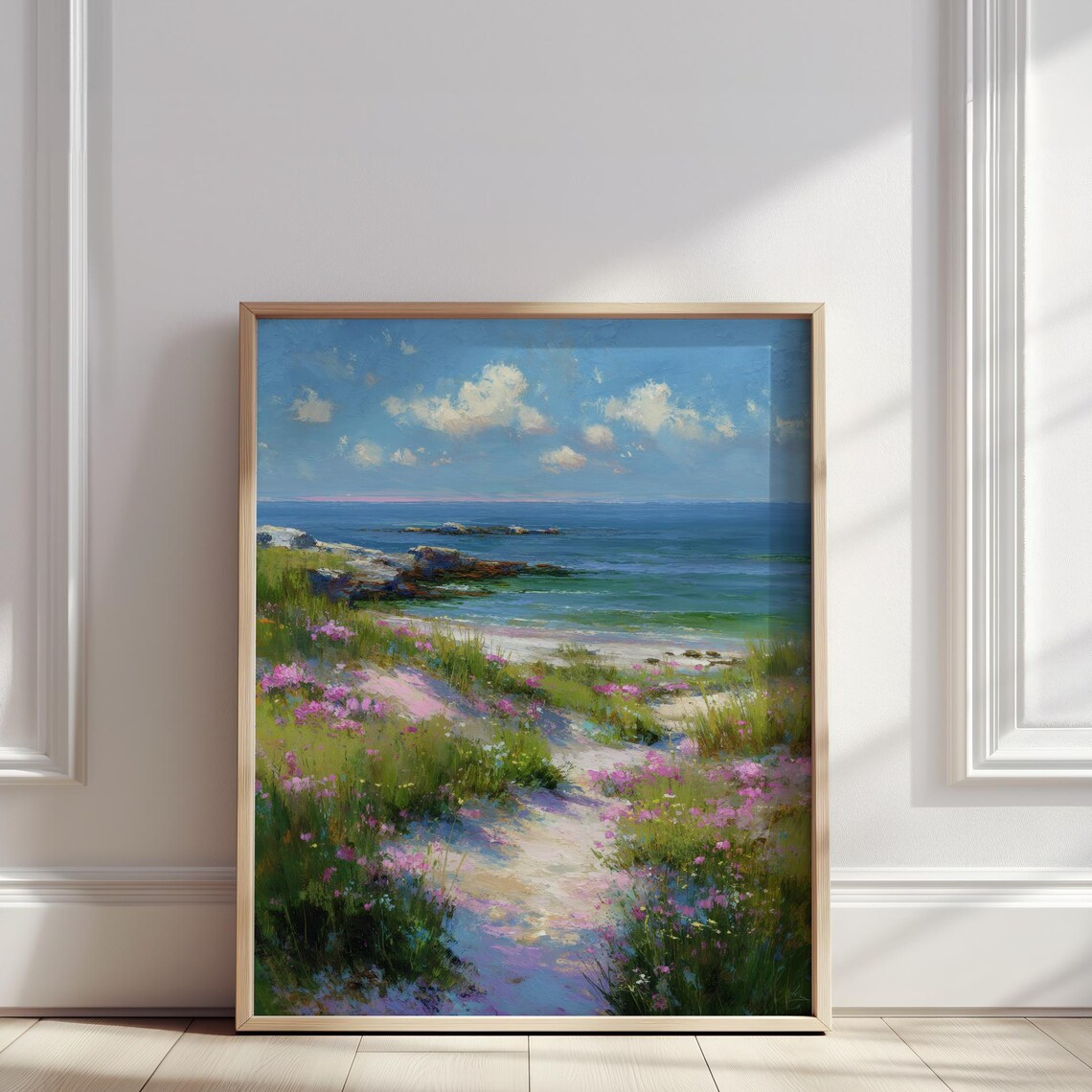 Coastal Beach Path Through Wildflowers Ocean View Oil Painting Poster