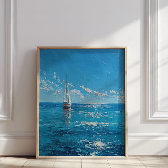 Sailboat At Sea Oil Painting Tranquil Blue Ocean And Sky Reflections Print Nautical Minimalist Summer Wall Art Poster